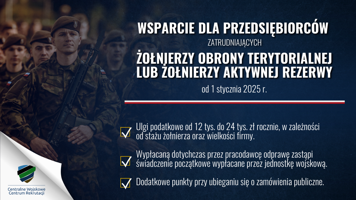 Plakat - Wsparcie dla przedsiębiorców zatrudniających żołnierzy obrony terytorialnej lub żołnierzy aktywnej rezerwy